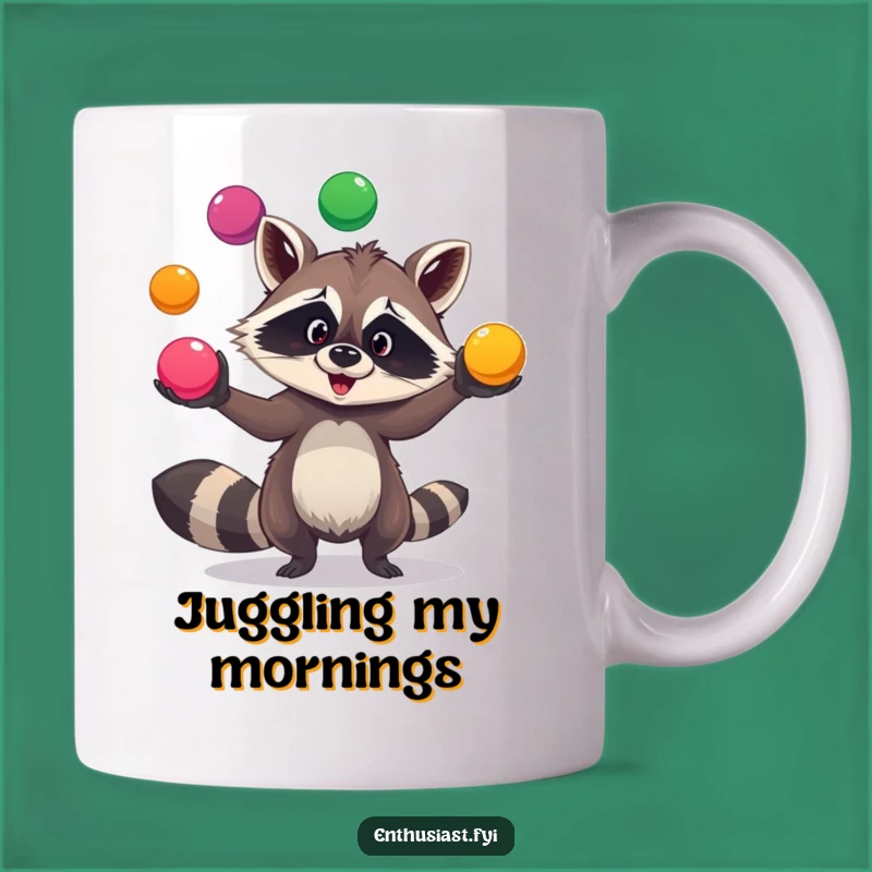 Funny Raccoon Juggling Mug: Colorful Balls for a Hilarious Sip
