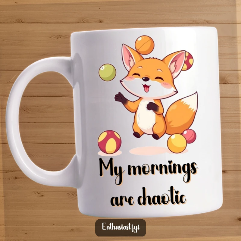 Funny fox mug featuring a small, energetic fox enthusiastically juggling colorful balls with joyful concentration, a perfect whimsical gift.
