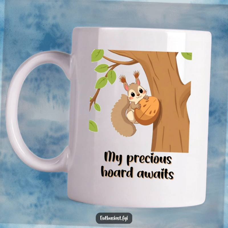 Funny squirrel mug showing an excited squirrel in a tree reaching for a giant nut, embodying pure nutty joy and anticipation.