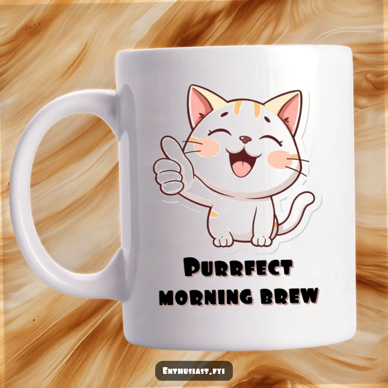 Funny mug showing a happy cat giving a big, enthusiastic thumbs-up gesture, conveying satisfaction and approval.