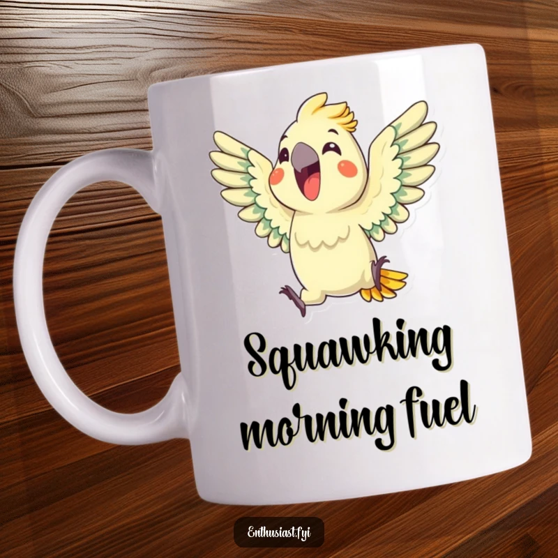 Funny Parrot Mug: A delighted parrot enthusiastically squawks with wings spread wide, conveying pure joy and excitement, a fantastic funny gift.
