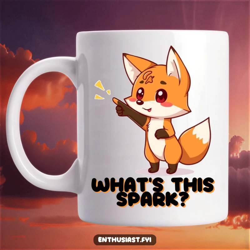 Funny mug with a curious fox character pointing excitedly towards a bright, glowing sign, full of wonder and discovery.