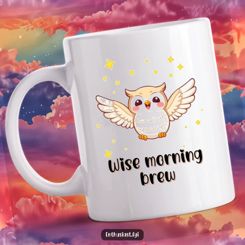 Funny mug showing a joyful owl character with outstretched wings soaring through a dark sky filled with tiny, shining stars.