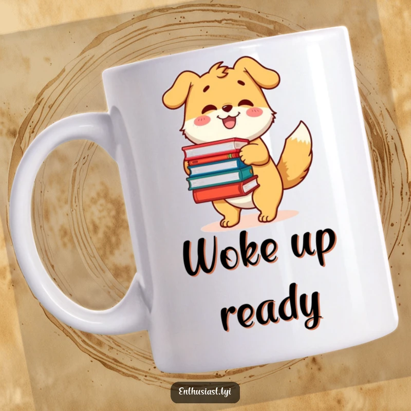 Funny mug featuring a happy dog character with a wagging tail, excitedly holding a large pile of books.