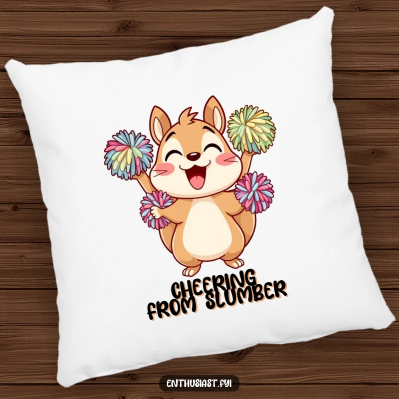 Funny Pillow: A delighted squirrel character cheering with pom-poms, adding a touch of energetic fun to any seating area.
