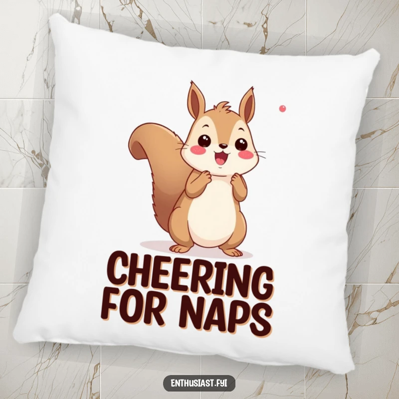 Funny squirrel cheering pillow featuring a cheerful squirrel with pom-poms, radiating enthusiasm and offering comfort with a playful touch.
