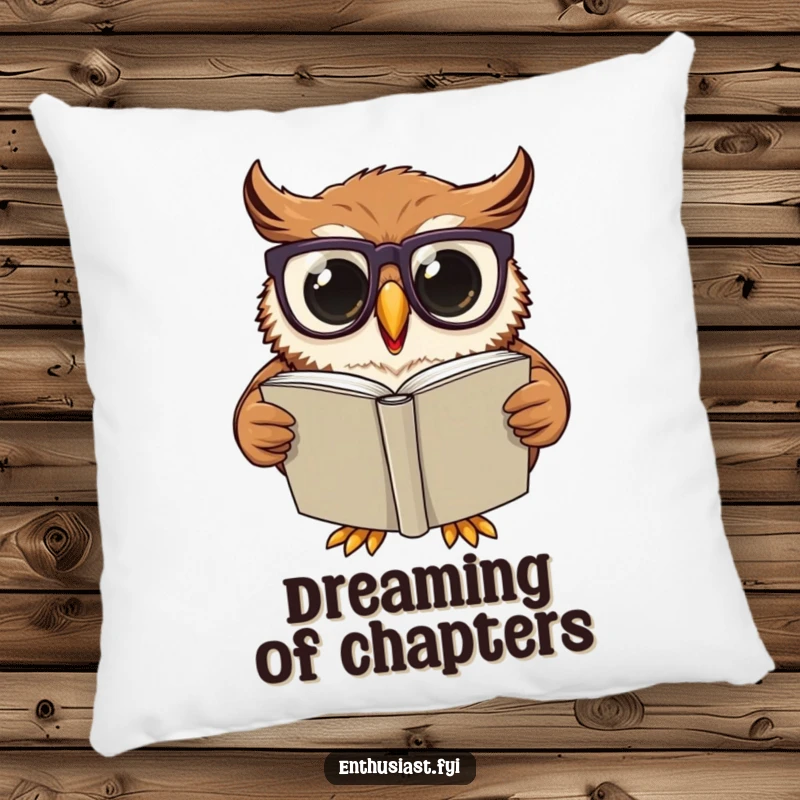 Funny Pillow: Excited owl wearing oversized glasses, engrossed in reading a large book, adding a soft touch of wisdom and charm.