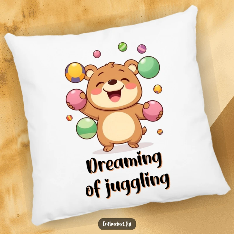 Funny Pillow showcasing a joyous bear character grinning widely while juggling colorful balls, a humorous and cozy item.