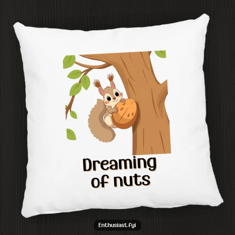 Funny squirrel pillow illustrating a happy squirrel in a tree, excitedly gazing at an oversized nut, bringing cozy humor to any room.