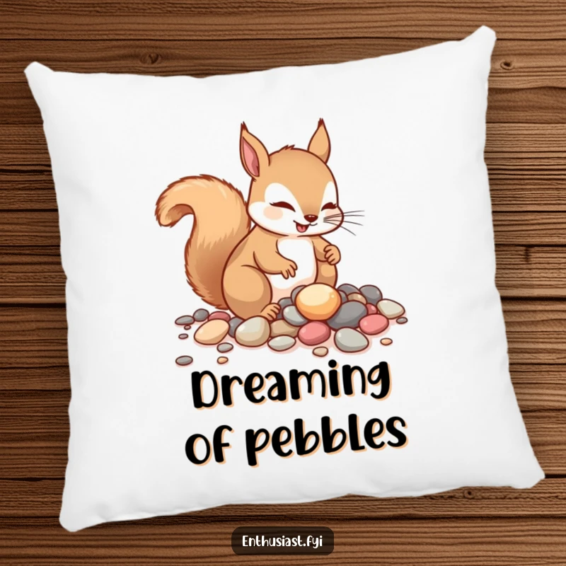 Funny squirrel pillow, depicting an eager squirrel enthusiastically gathering sparkling pebbles. Soft and humorous decorative cushion gift.