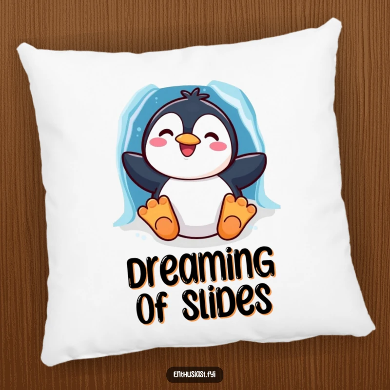 Funny pillow with a cheerful penguin character sliding down a vibrant rainbow ice chute, offering comfort and winter cheer.