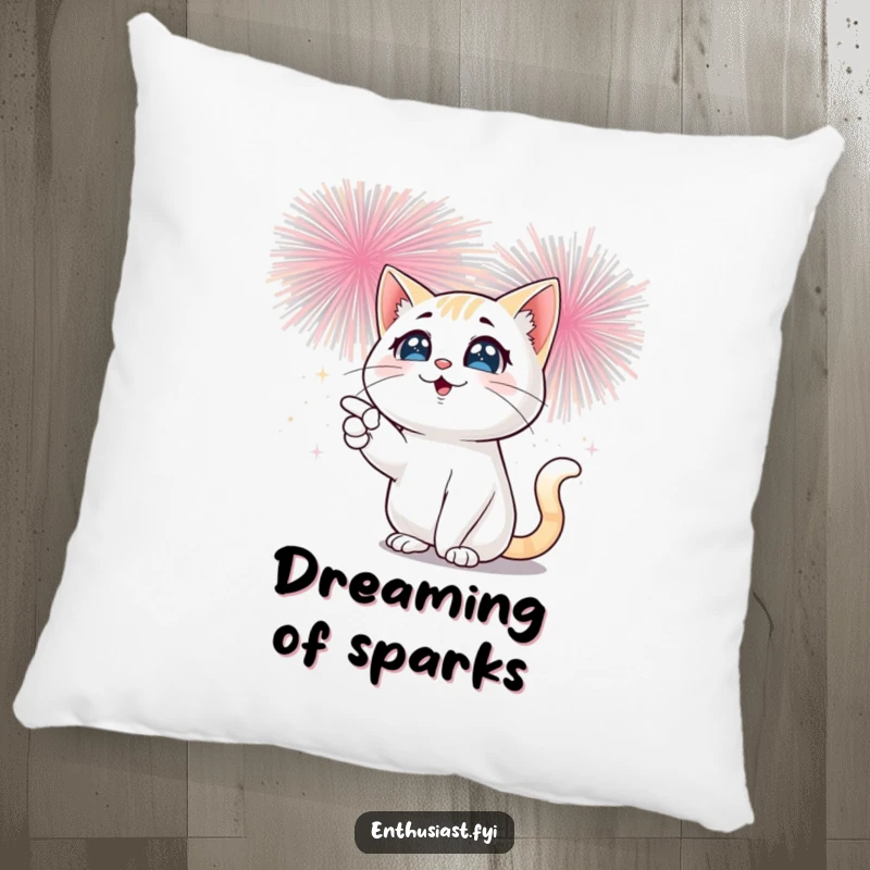Funny cat pillow with a playful cat's sparkling eyes directed at a spectacular, bursting fireworks display, adding comfort and humor.
