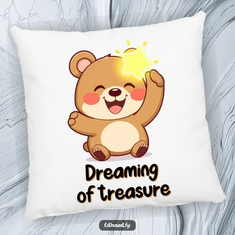 Funny bear pillow featuring a joyful bear with a wide grin, holding a luminous, imaginary object.