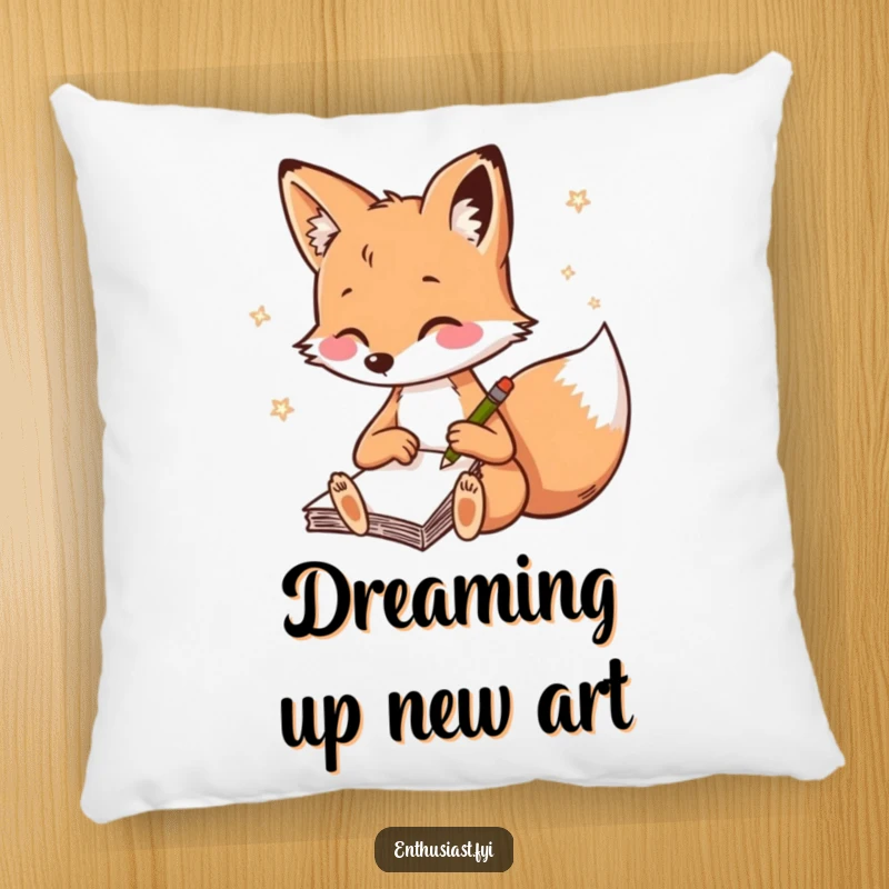Funny fox pillow, a playful fox with a notebook sketching quickly, adding artistic charm and comfort.
