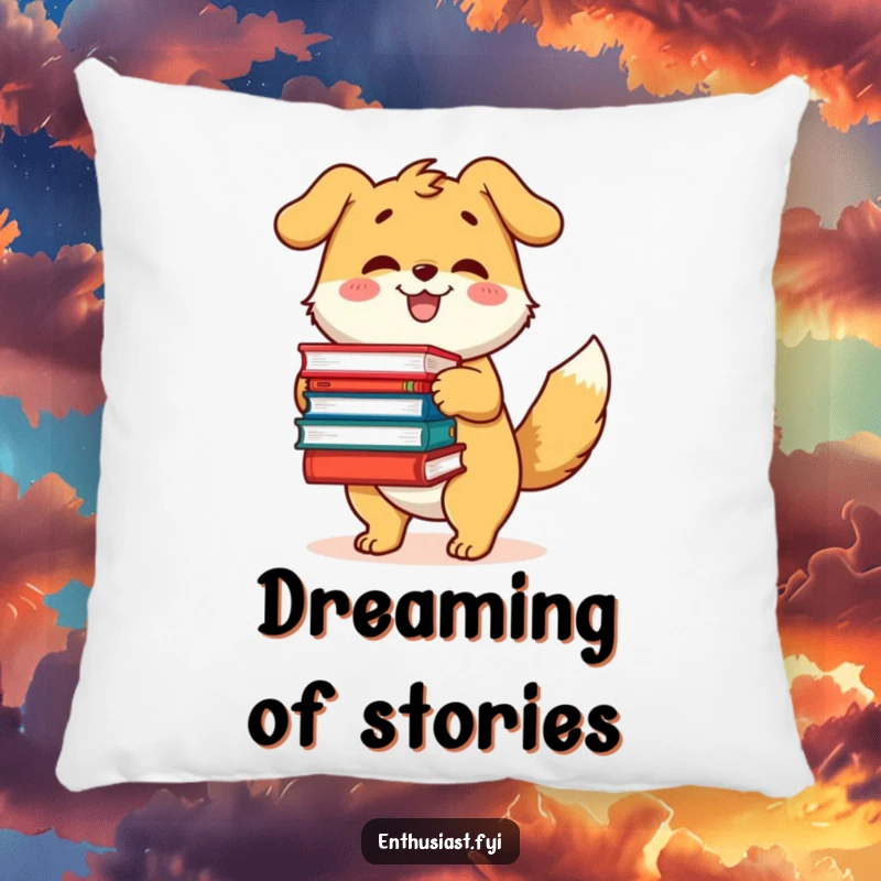 Funny pillow showcasing a happy dog character with a wagging tail, excitedly holding a large pile of books.