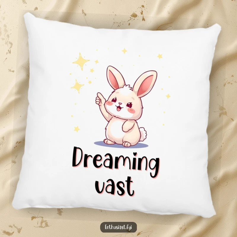 Funny pillow showing a fluffy bunny excitedly pointing at a sky full of twinkling stars.