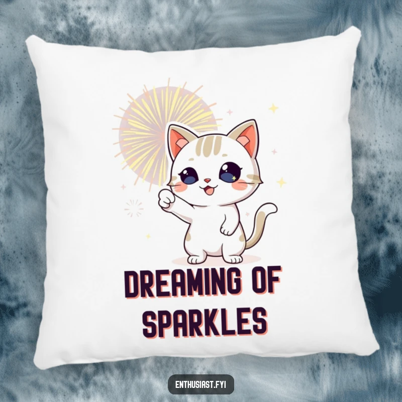 Funny cat pillow featuring a playful cat with sparkling eyes, enthusiastically indicating a spectacular fireworks display.