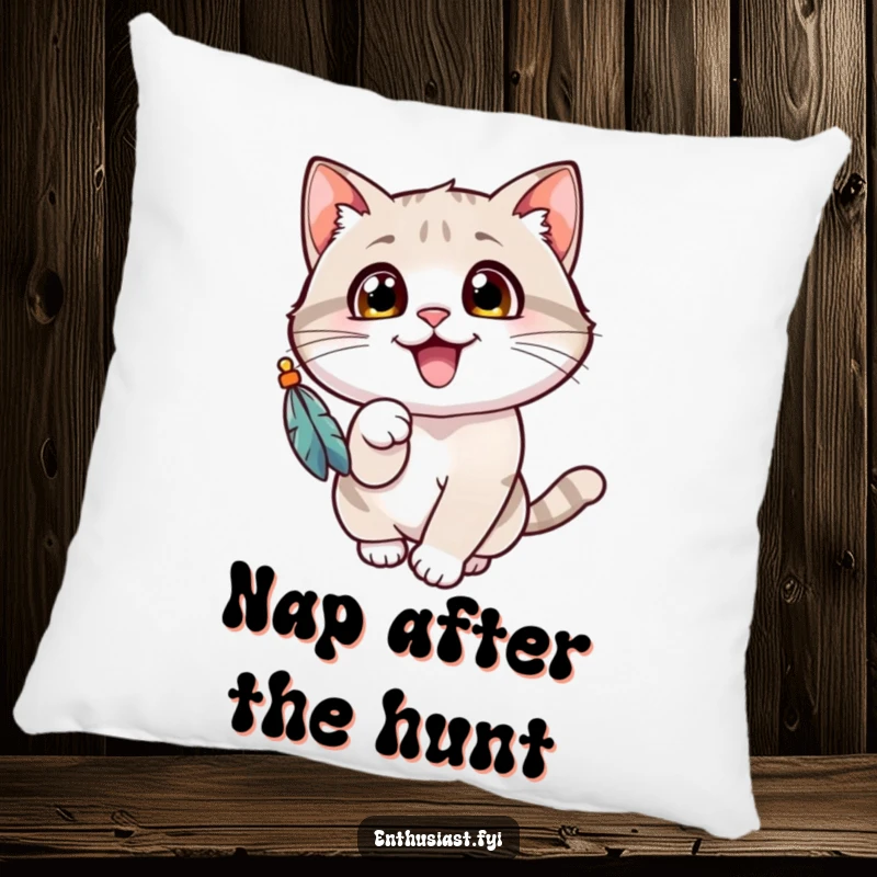 Funny cat pillow featuring a cheerful cat with wide eyes, gleefully batting at a dangling feathered toy, for cozy comfort.