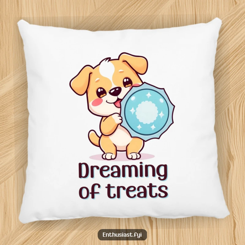 Funny pillow featuring a cute dog character with a wagging tail holding a huge, sparkling badge, embodying pure joy.