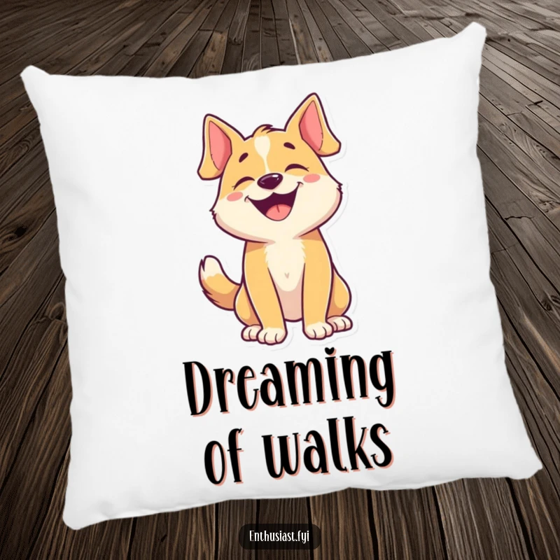 Funny dog pillow featuring a happy character barking and wagging its tail, perfect for comfort and decor.