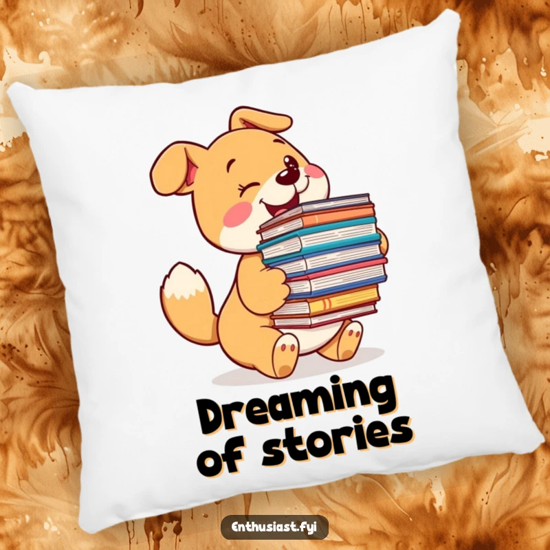 Funny dog pillow featuring a joyous dog with a wagging tail, happily holding a substantial collection of books.