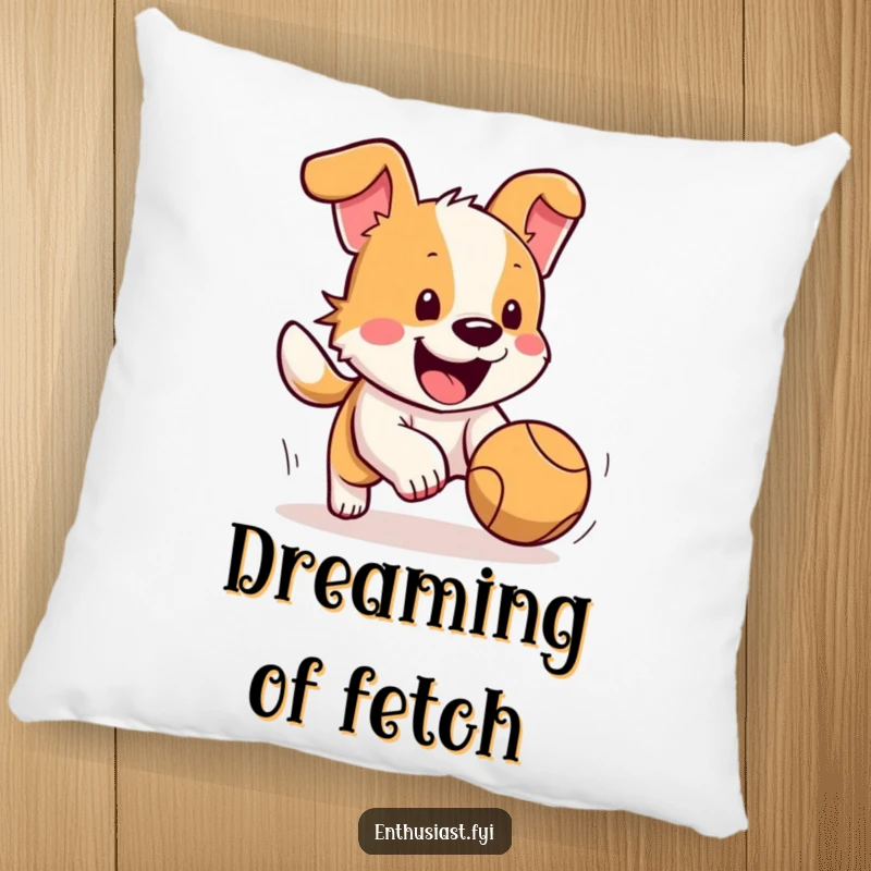 Funny dog pillow featuring a happy dog with its tail wagging furiously, excitedly chasing a bouncing ball, for cozy comfort.
