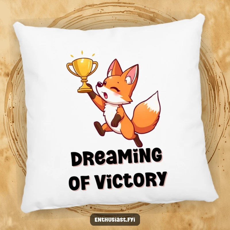Funny pillow showcasing an energetic fox character mid-leap, stretching towards a shiny golden trophy. Comfortable and inspiring.