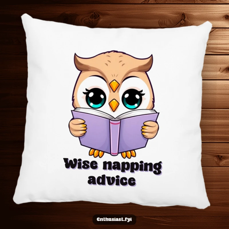 Funny owl pillow featuring a happy owl reading a book, adding a wise and humorous touch.