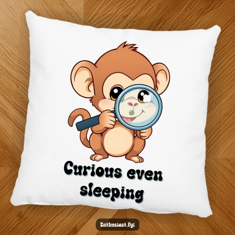 Funny monkey pillow featuring a curious monkey with a magnifying glass, intently studying a small, intricate artifact.