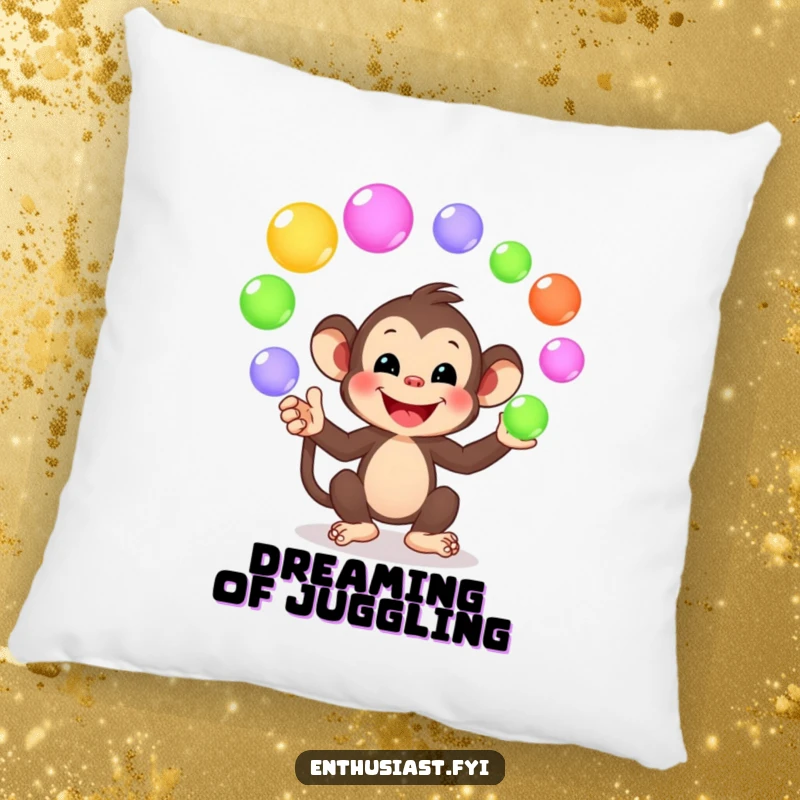 Funny pillow depicting a happy monkey juggling colorful, glowing orbs, bringing cozy artistic humor and playful vibes.