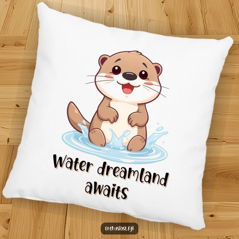 Funny pillow with a happy otter character splashing gleefully in a small, sparkling puddle. Cozy and full of charm.