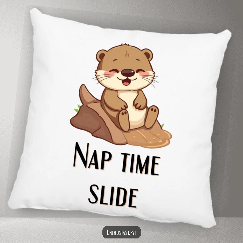 Funny pillow featuring a playful otter joyfully sliding down a small, muddy incline, designed for comfort and amusement.