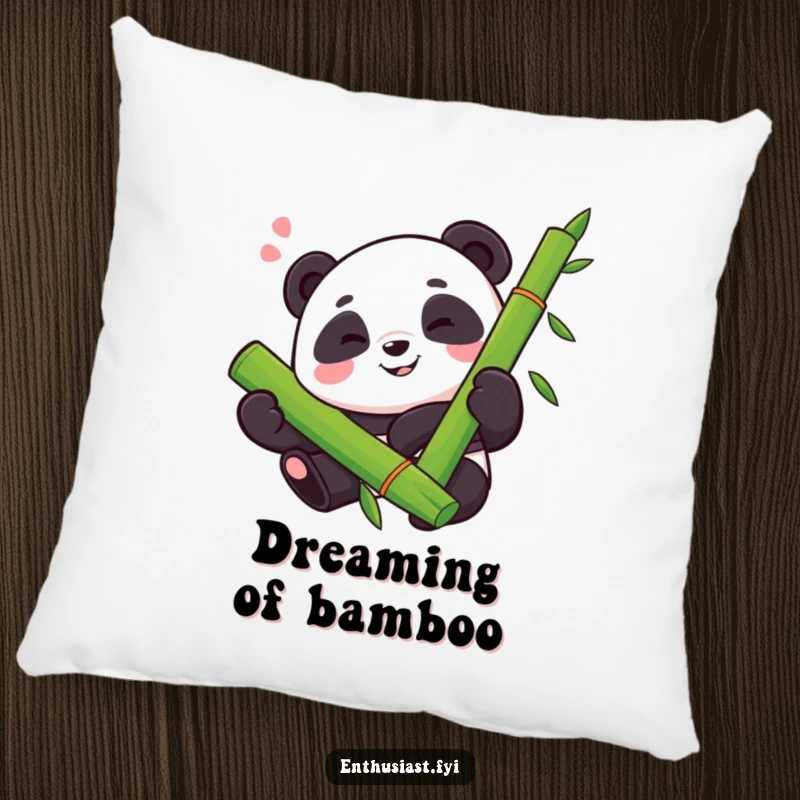 Funny pillow featuring a proud panda with a happy sigh, enthusiastically hugging a large bamboo stalk, perfect for comfort.