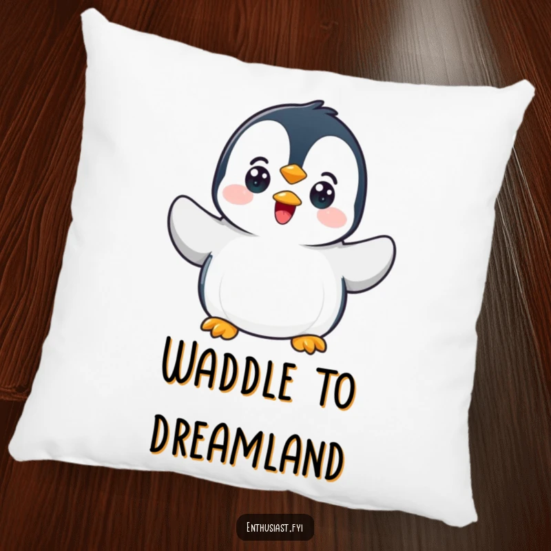 Funny penguin pillow featuring a happy character waving, perfect for snuggling and adding cute decor.