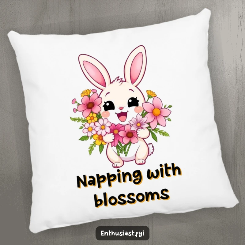 Funny pillow featuring a delighted rabbit character holding a vibrant bouquet of flowers, looking extremely pleased and adding a touch of cheerful comfort.
