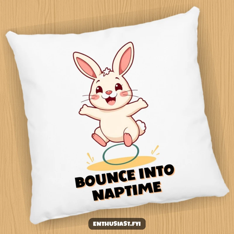 Funny rabbit pillow featuring a happy bunny bouncing on a spring, adding cheerful vibes.