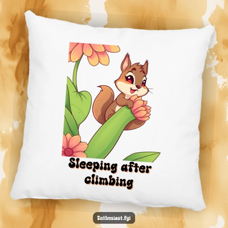Funny pillow depicting a determined squirrel climbing a vibrant flower stem, bringing cozy artistic humor and a spirit of adventure.