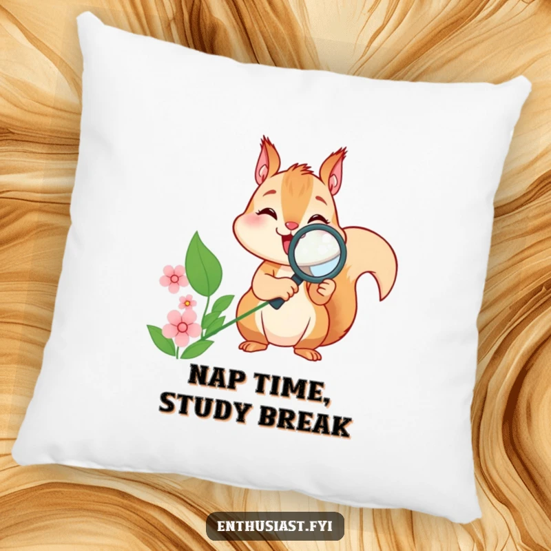 Funny squirrel pillow featuring a curious squirrel with a magnifying glass looking at a flower, offering comfort and humor.