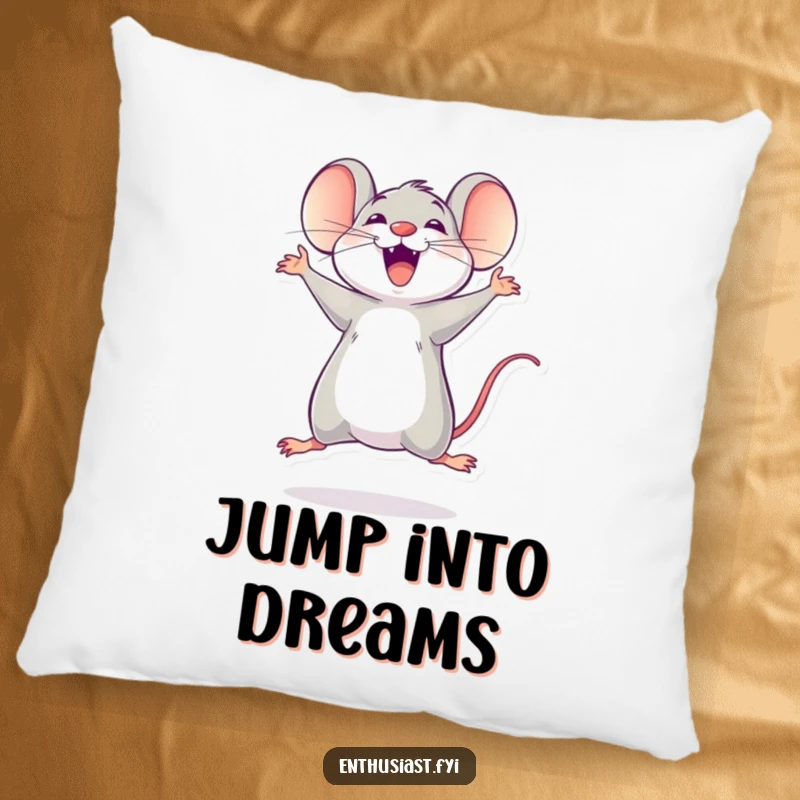Funny mouse pillow showing an excited character jumping with delight, adding a fun touch.