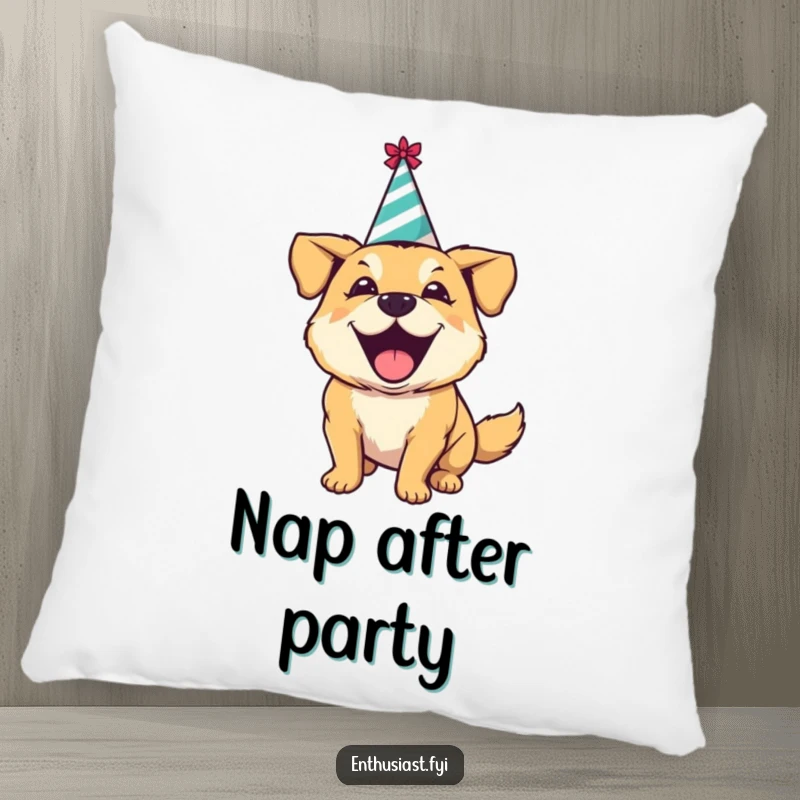 Funny pillow with an excited dog in a party hat, happily barking, offering comfort and festive humor.