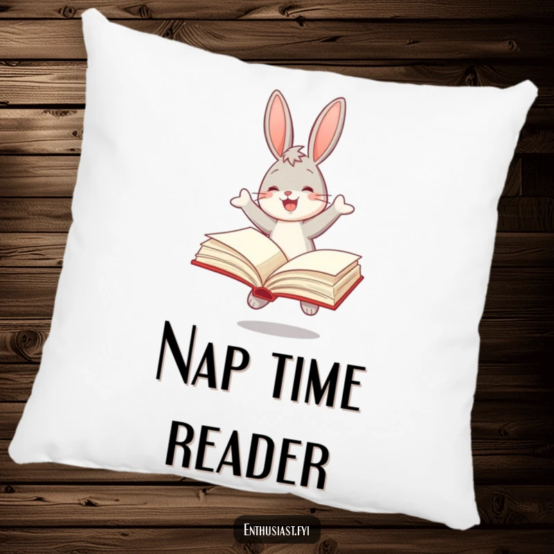 Funny pillow featuring a joyful bunny bouncing with an open book, adding a cozy and literary touch.