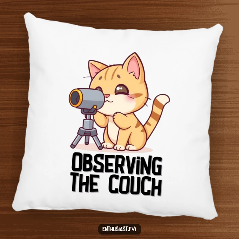 Funny cat pillow featuring a curious character peering through a telescope, perfect for comfort and space decor.