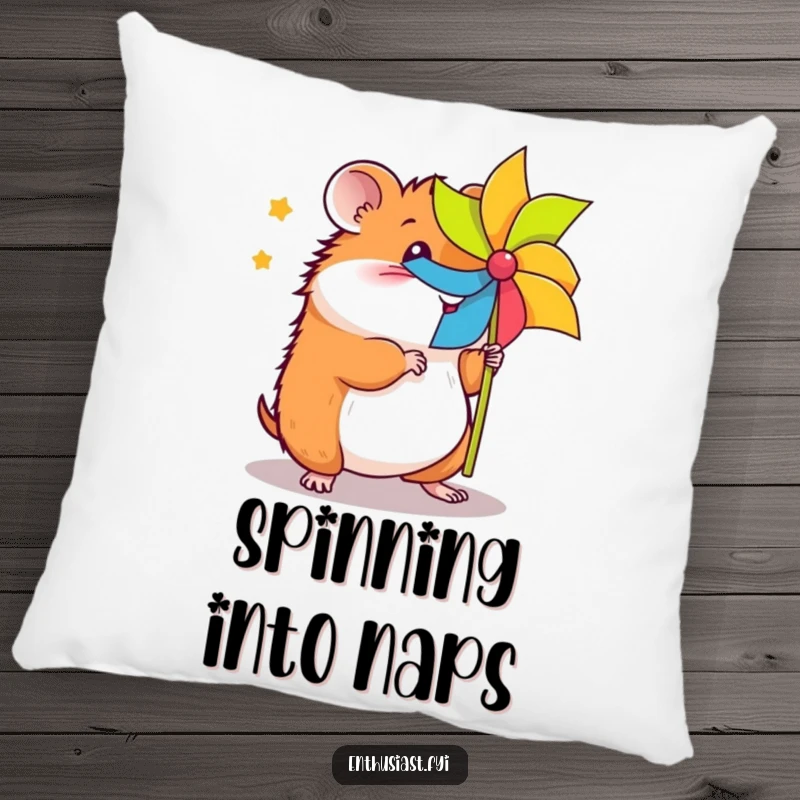 Funny hamster pinwheel pillow features a cute, energetic hamster spinning a pinwheel, adding a touch of playful comfort.