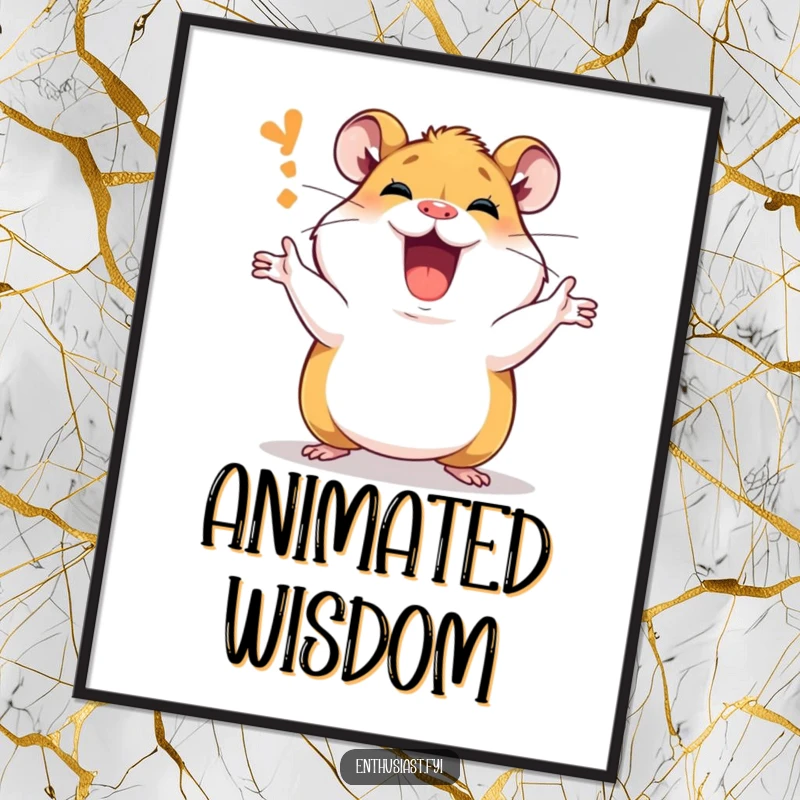 Funny Digital Art Print of a passionate hamster character animatedly explaining, symbolizing communication and vibrant enthusiasm.