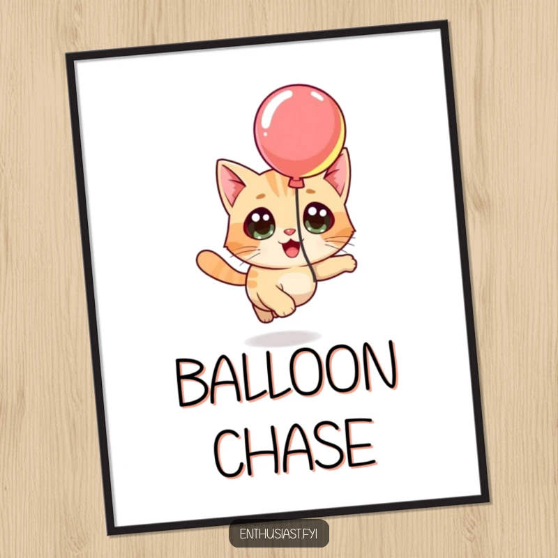 Funny digital art print of a curious cat character chasing a vibrant, floating balloon, embodying playful joy.