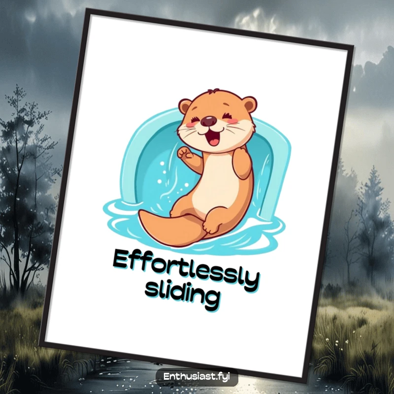 Funny Otter Digital Art Print: An enthusiastic otter slides down a water slide, lively aquatic artwork for instant decor, a fun funny gift.