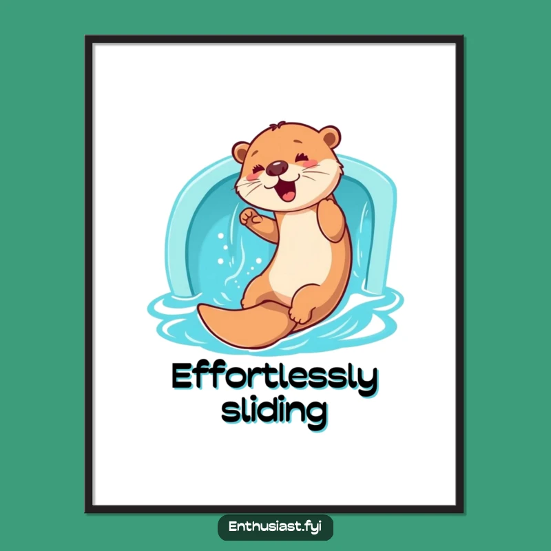 Funny Otter Slide Digital Art Print: Enthusiastic Water Decor Gift