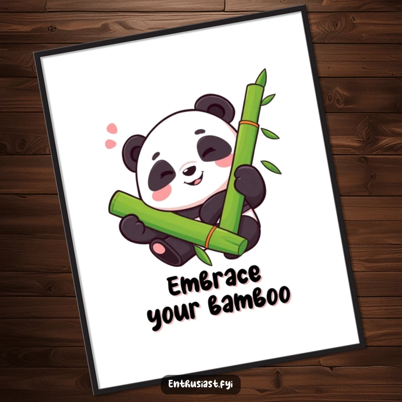 Funny digital art print of a proud panda with a happy sigh, enthusiastically hugging a large bamboo stalk, for instant calm decor.