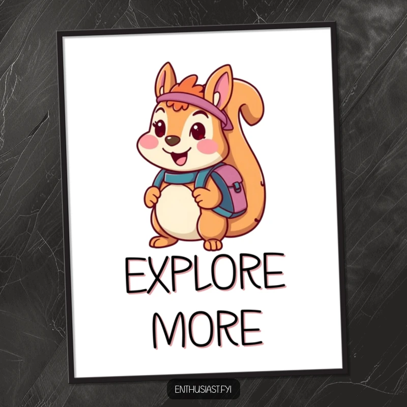 Funny digital art print of a cheerful squirrel character with a backpack, looking ready for an adventure, perfect for inspiring wanderlust.