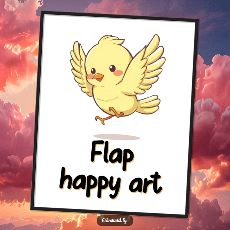 Funny Digital Art Print of a lively bird character energetically flapping its wings, symbolizing pure happiness and vibrant energy.